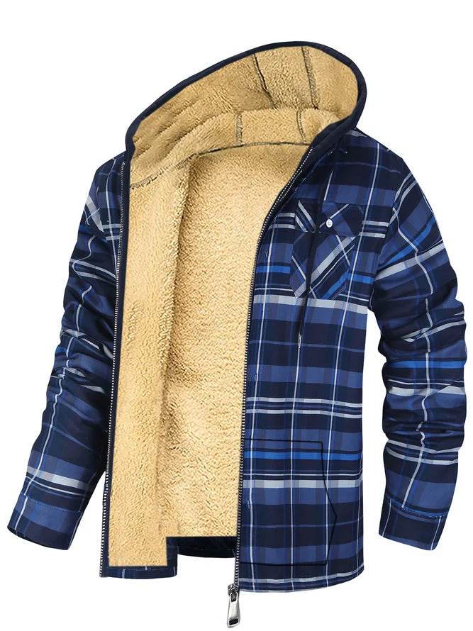 Men's Plaid Print Hooded Zip-Up Jacket Winter Thickened Cotton-padded Coat Warm Clothing - Velora