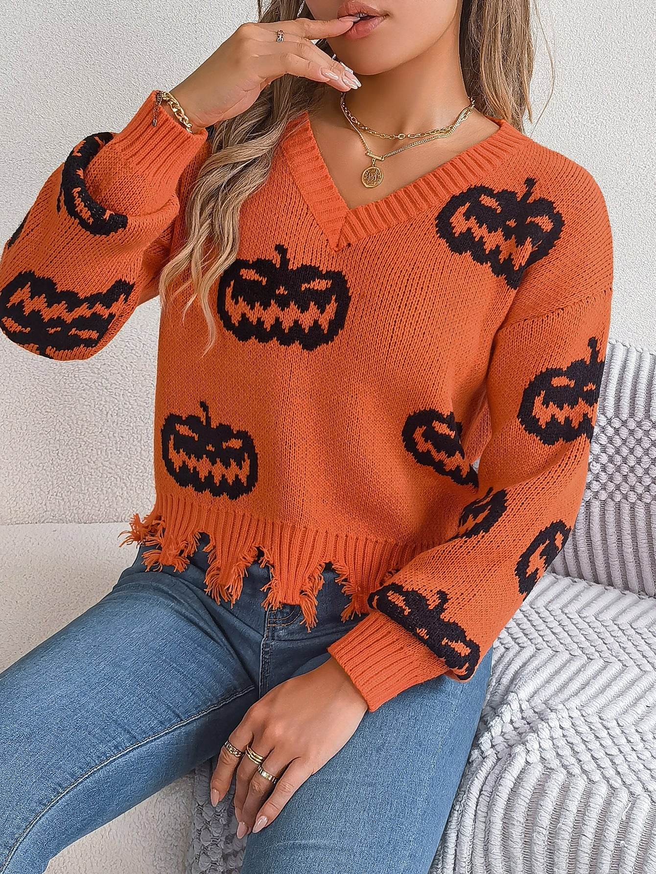 Halloween Contrast Color Pumpkin Cut Long Sleeve Sweater - Velora