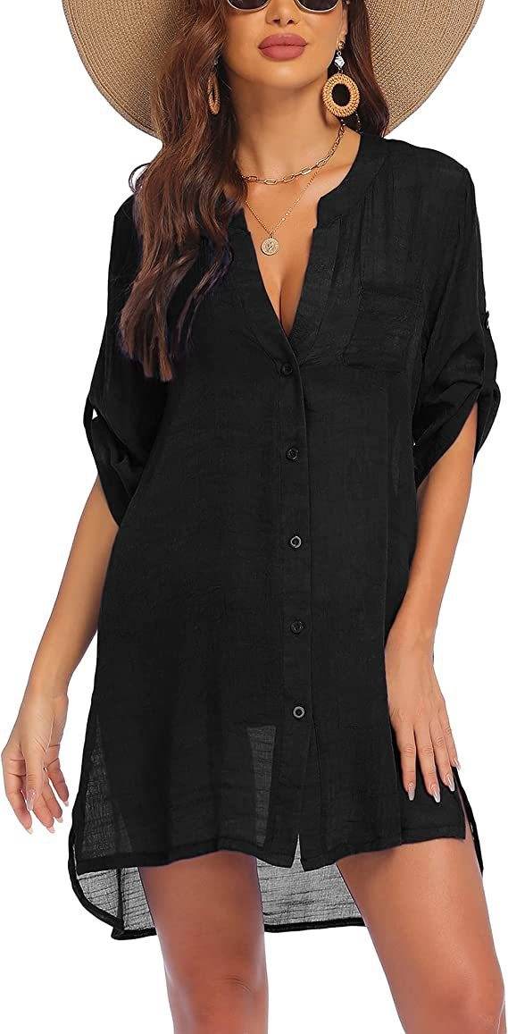 European And American Sun Protection Women Beach Linen Shirt dress - Velora