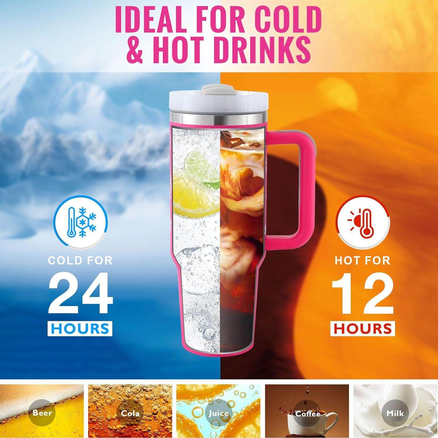40 Oz Tumbler With Handle Straw Insulated, Stainless Steel Spill Proof Vacuum Coffee Cup Tumbler With Lid Tapered Mug Gifts For Valentine Lover Suitable For Car Gym Office Travel - Velora