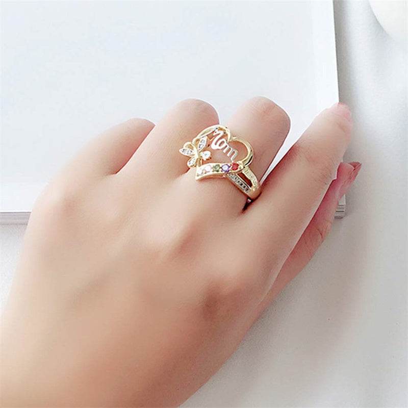 Mother's Day Gift Hollow Heart English Letter Love Mom Rhinestone Butterfly Finger Ring Jewelry Gift - Velora