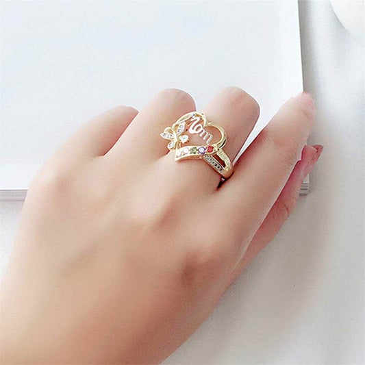 Mother's Day Gift Hollow Heart English Letter Love Mom Rhinestone Butterfly Finger Ring Jewelry Gift - Velora