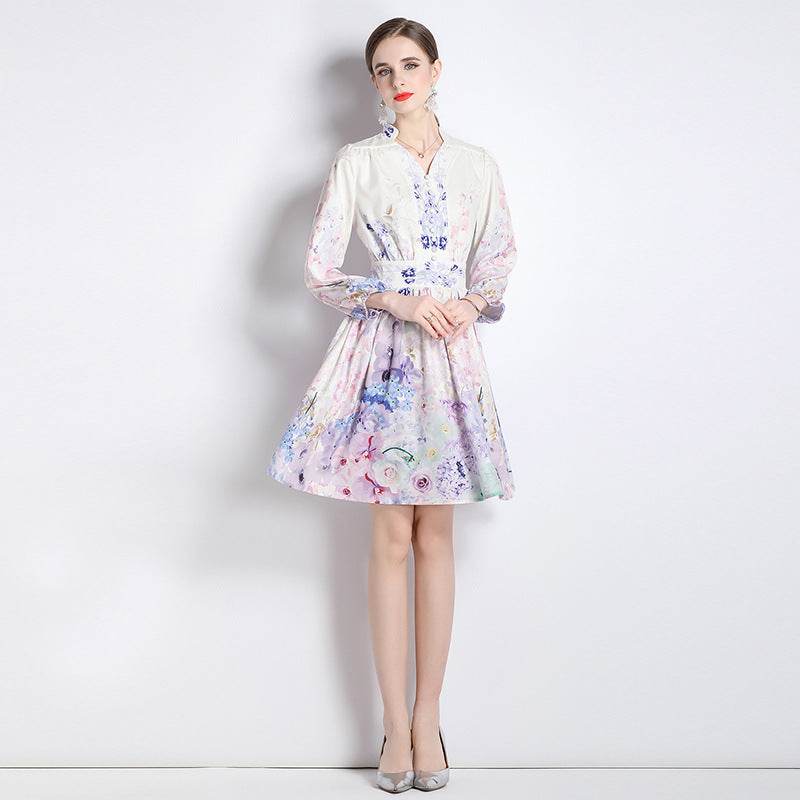 Elegant V-neck Vintage Floral Print Long Sleeves Dress Spring - Velora