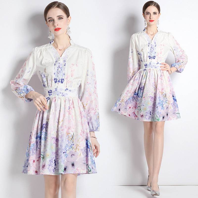 Elegant V-neck Vintage Floral Print Long Sleeves Dress Spring - Velora