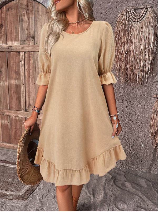 Fashion Ruffle Short-sleeved Dress Summer Solid Color Round Neck Loose Straight Dresses Womens Clothing - Velora