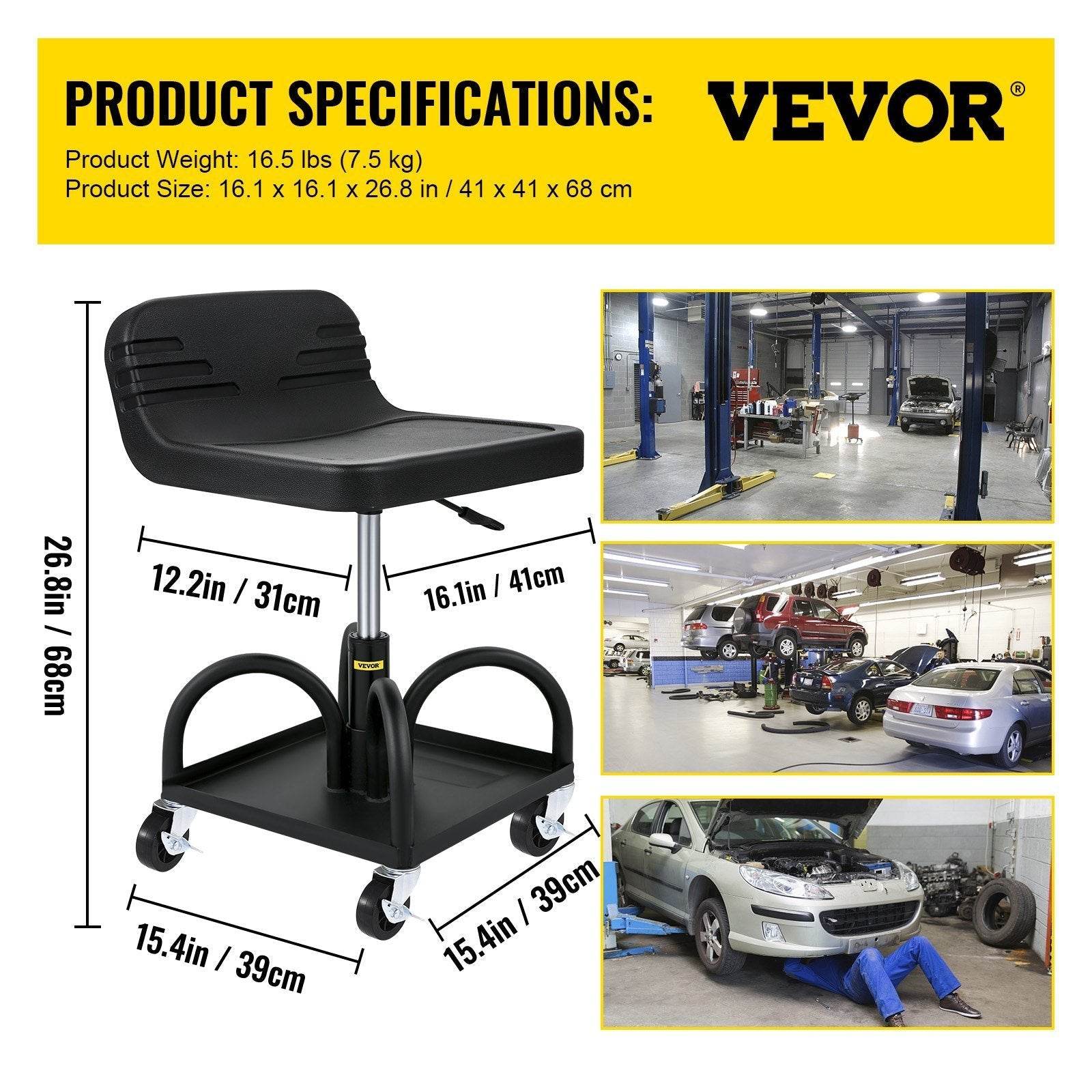 Rolling Garage Stool, 300LBS Capacity, Adjustable Height From 15.7 In To 20.5 In, Mechanic Seat With 360-degree Swivel Wheels And Tool Tray, For Workshop, Auto Repair Shop, Black - Velora