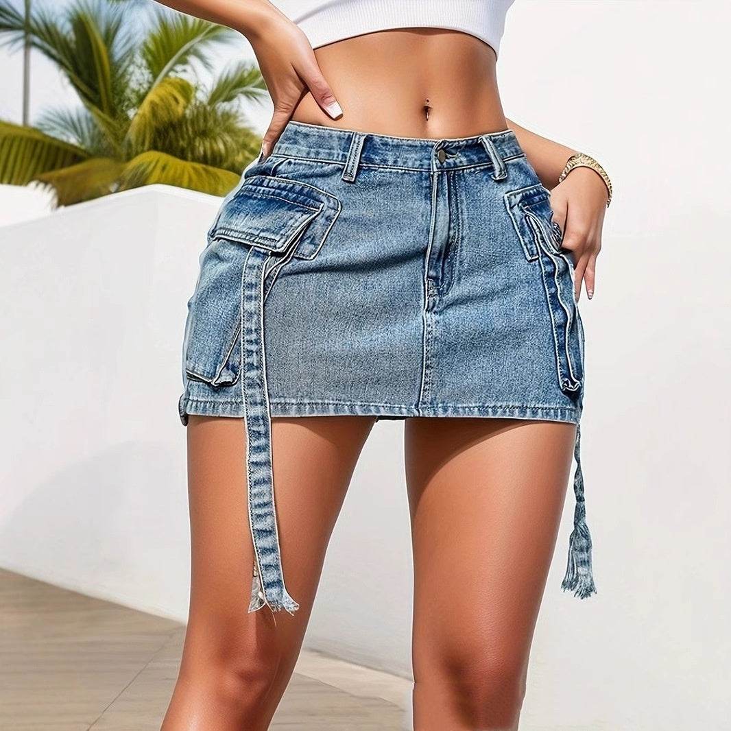 Women's Fashion Y2k Denim Mini Skirt Low Rise Cargo Pencil Short Jeans skirt Vintage Girls Party Skirt Female Club Streetwear - Velora