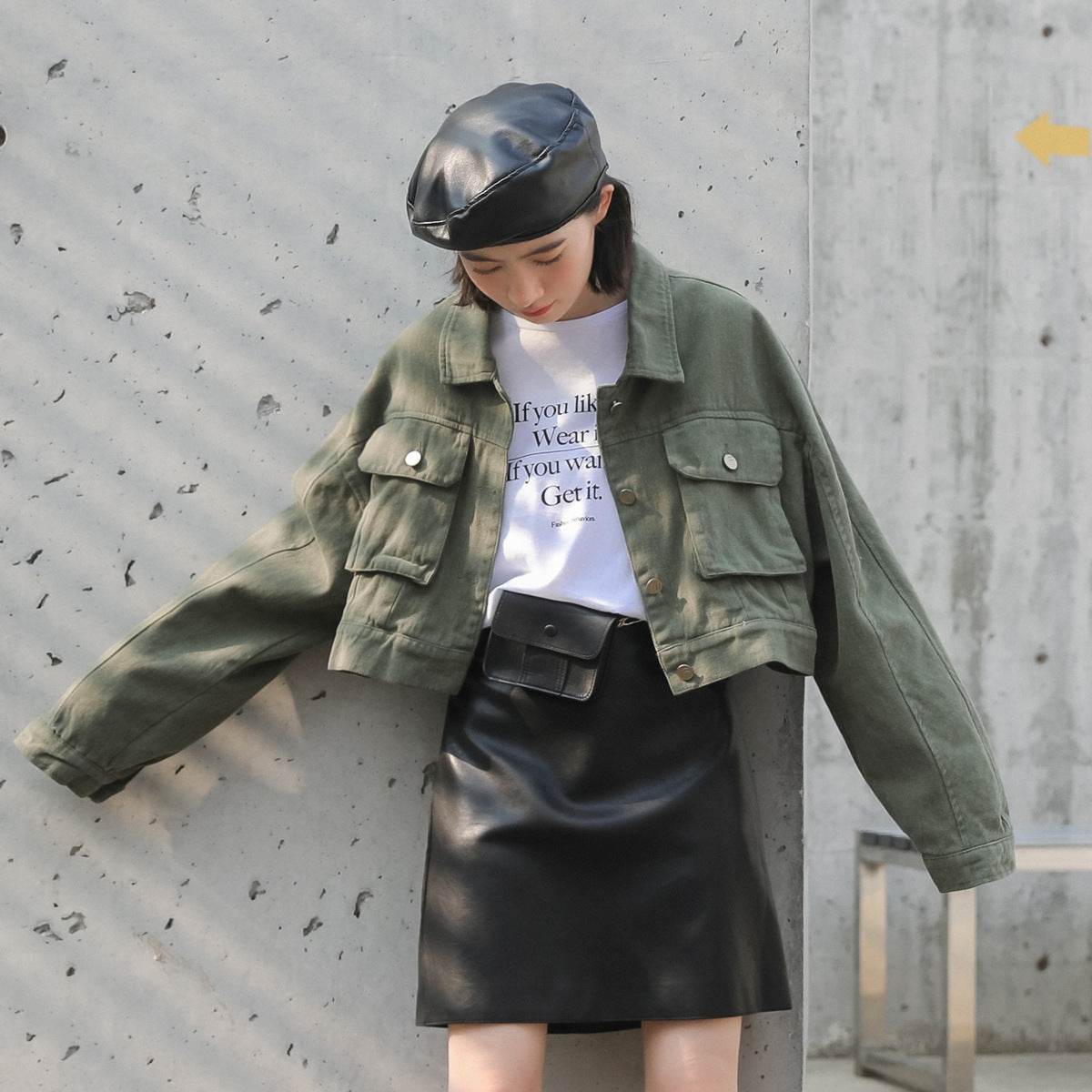 Single Breasted Long Sleeve Cargo Crop Denim Jacket Women - Velora