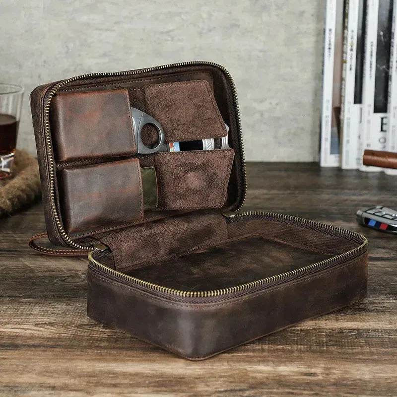 Portable Horse Leather Double Zipper Storage Cigar Travel Humidor Bag - Velora