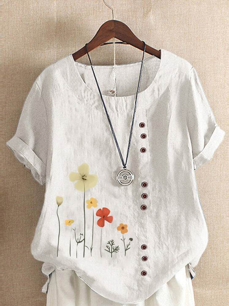 Casual Summer Beach Cotton And Linen Printed Elegant Short Sleeve blouse Top Women - Velora