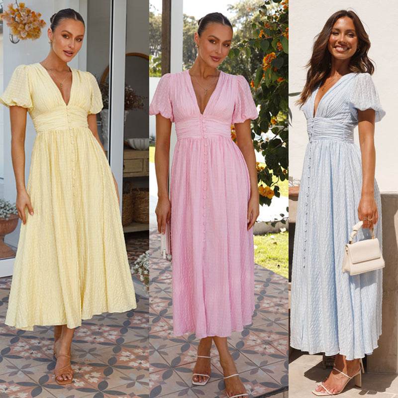 V-neck Short-sleeved Dress With Slim-waisted Design Summer Fashion Puff Sleeve Long Dress For Women Clothing - Velora