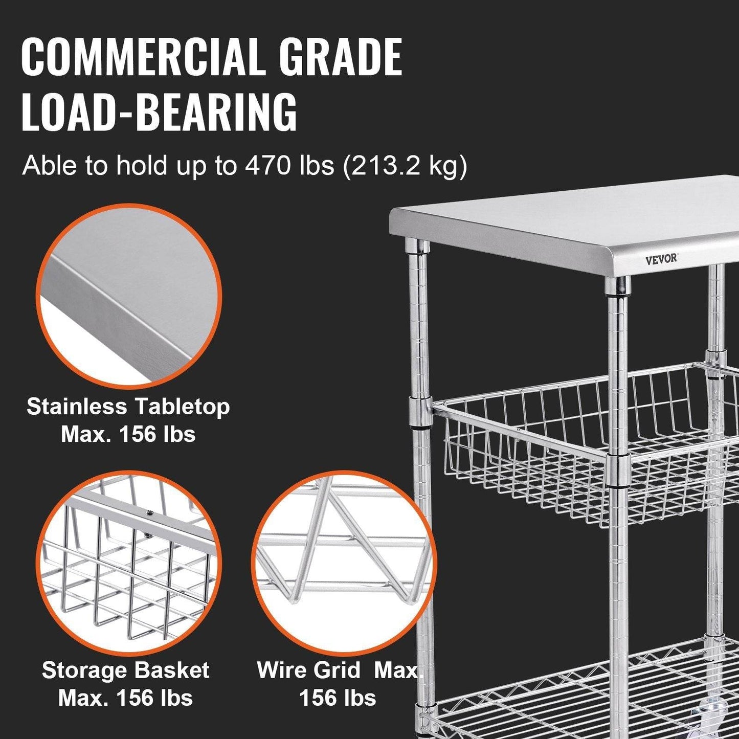 VEVOR 3-Tier Workbench Utility Cart for Kitchen Office