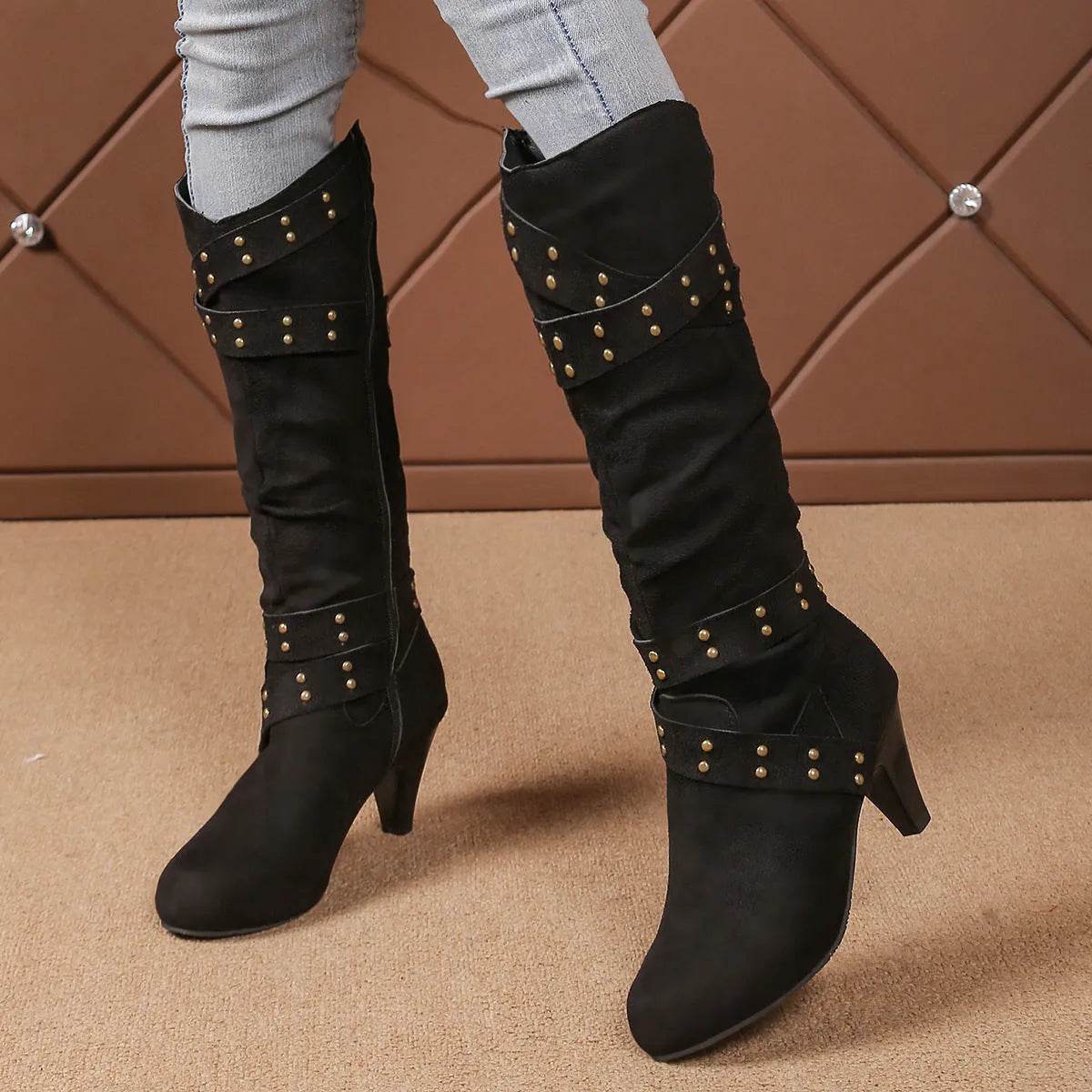 Fashion High Heel Boots With Cross-strap Rivet Design Retro V-cut Western Cowboy Boot Casual Zipper Shoes For Women - Velora