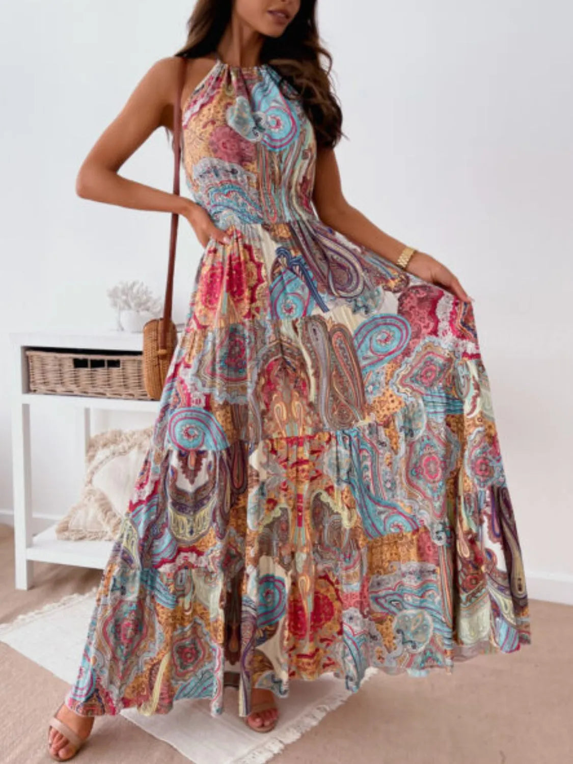 Printed Halter Neck Maxi Dress - Velora