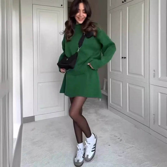 Sweater Skirt Sets For Women 2 Pieces Knit Casual Versatile Long Sleeve Pullover Elegant Solid High Waist Mini Skirt Outfit - Velora