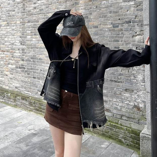 Denim Jacket Coat Loose Fit Color Matching Design - Velora