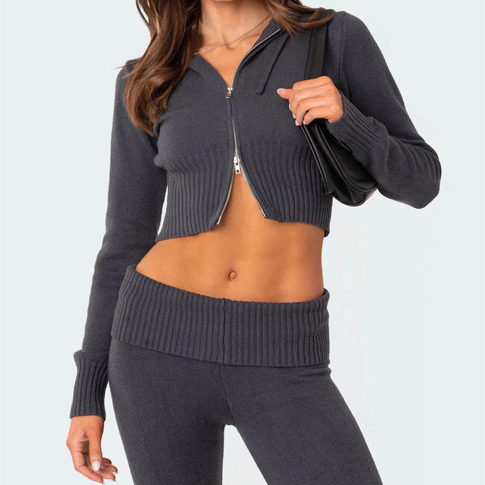Fashion Knitted Hooded Suit Long Sleeve Zipper Cropped Top And Slim Flared Pants Trousers Solid Outfits Women's Clothing - Velora