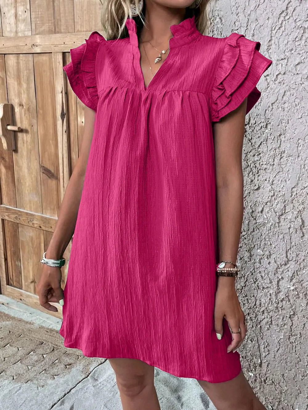 Ruffled Notched Cap Sleeve Mini Dress - Velora