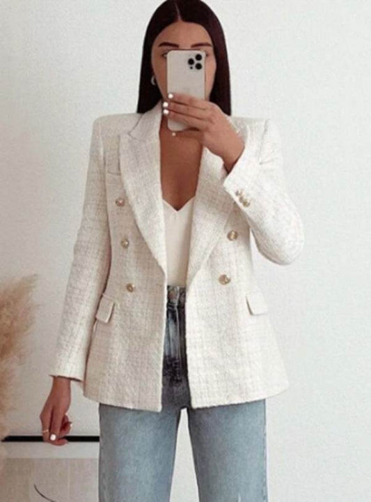 Classy Urban Women Textured Double Breasted Tweed Blazer - Velora
