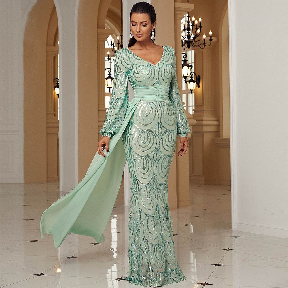 Long Sleeve Sexy Long Sequined V-neck Banquet Ribbon Evening Dress - Velora