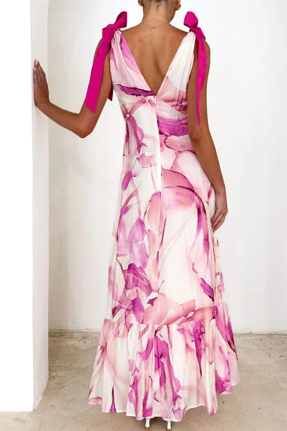 Printed V-Neck Tie Shoulder Midi Cami Dress - Velora