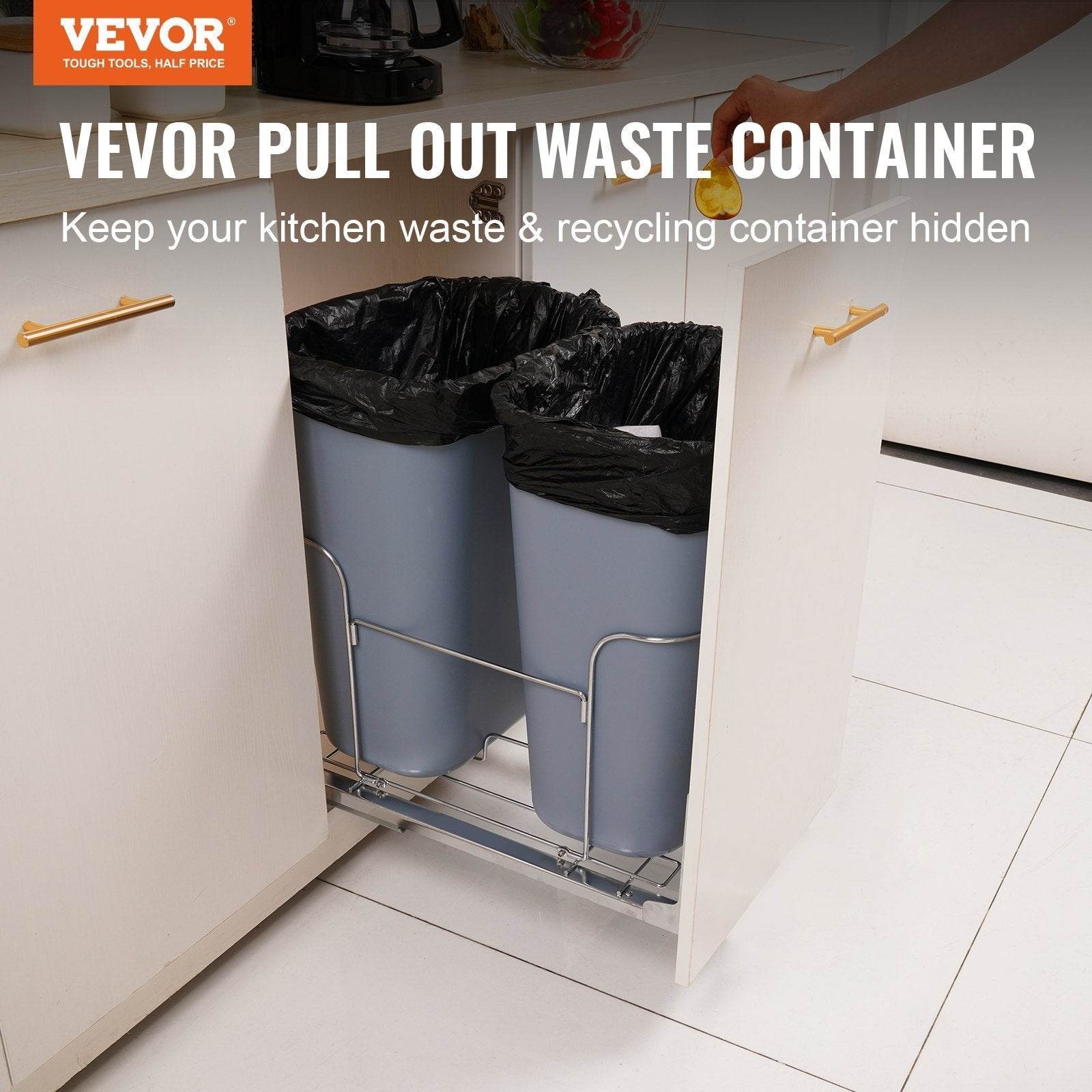 Pull-Out Trash Can, 35Lx2 Double Bins, Under Mount Kitchen Waste Container With Slide And Door Mounting Kit, 110 Lbs Load Capacity Heavy Duty Garbage Recycling Bin For Kitchen Cabinet, Sink - Velora