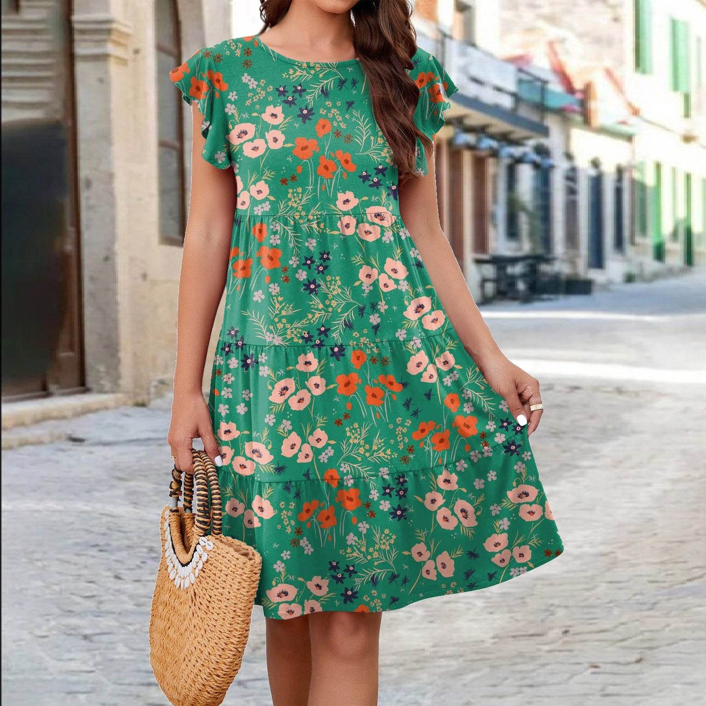 Ruffle Sleeve Dress Summer Loose Flower Print Beach Dresses Sweet Skirt Women - Velora