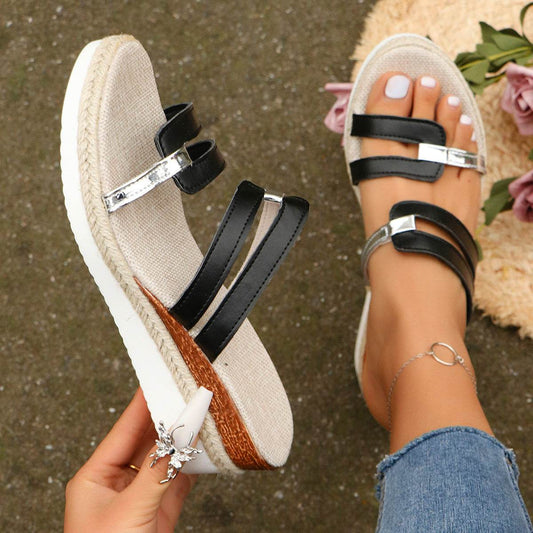 Colorblock-strap Wedges Sandals Summer Fashion Hemp Heel Slides Slippers Outdoor Thick Bottom Fish Mouth Shoes For Women - Velora