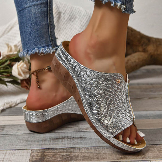 Fashion Crocodile-pattern Wedges Sandals Summer Outdoor Thick-soled Slippers Fish Mouth Shoes For Women - Velora
