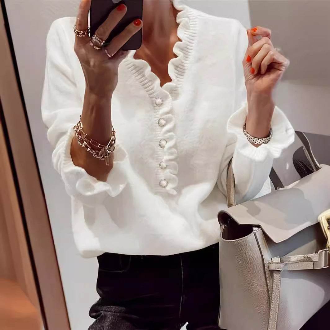 Winter V-neck Ruffled Knitted Sweater Fashion Pullover Long-sleeved Tops For Women - Velora