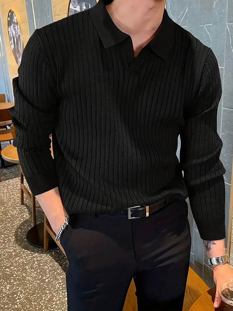 Lapel Texture Stretch Slim Knit Polo Shirt Men Polo Shirt Fashion Waffle Long-sleeved Tops Clothing Casual Comfortable Golf Men's Clothing - Velora