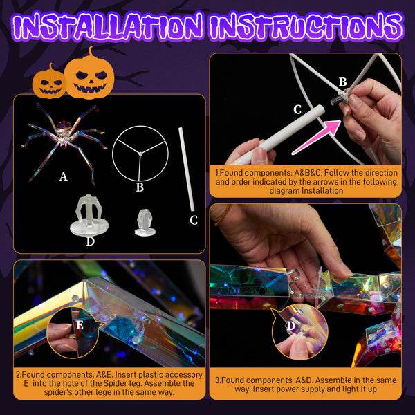 3ft Prism Spider, Illusion, 340 Purple Copper Wire Light, 4.5V 3.6W Halloween Standing Decoration US Specification - Velora