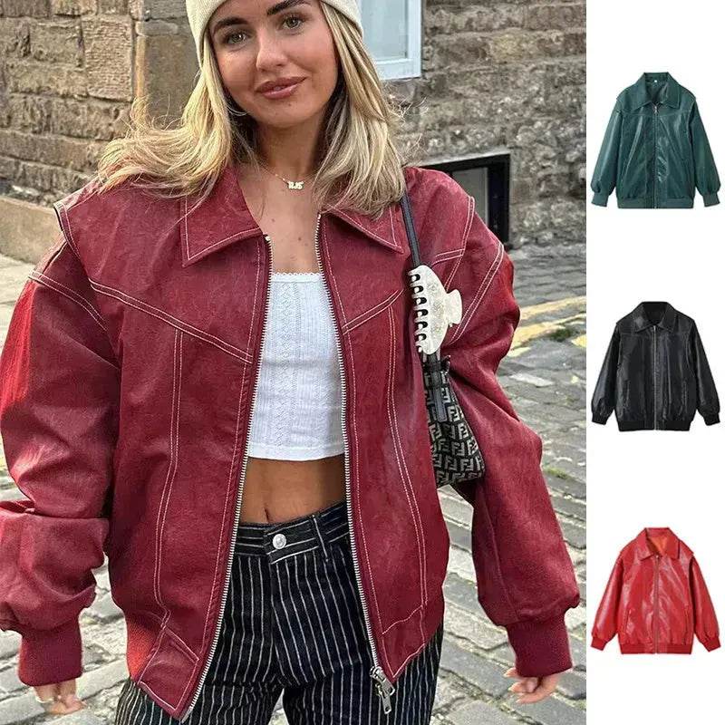 Oversized Fashion Zip-up Lapel Leather Jacket for women - Velora