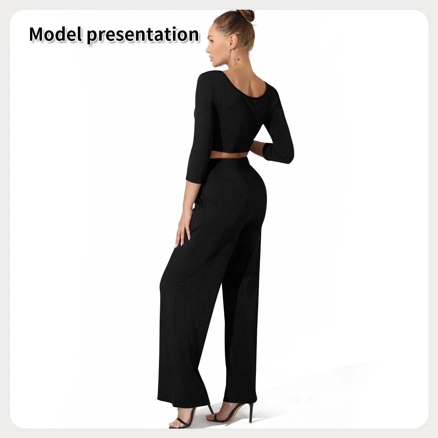 Women Fashion Casual Matching 2pcs set Long Sleeve Crop top and Pant set - Velora