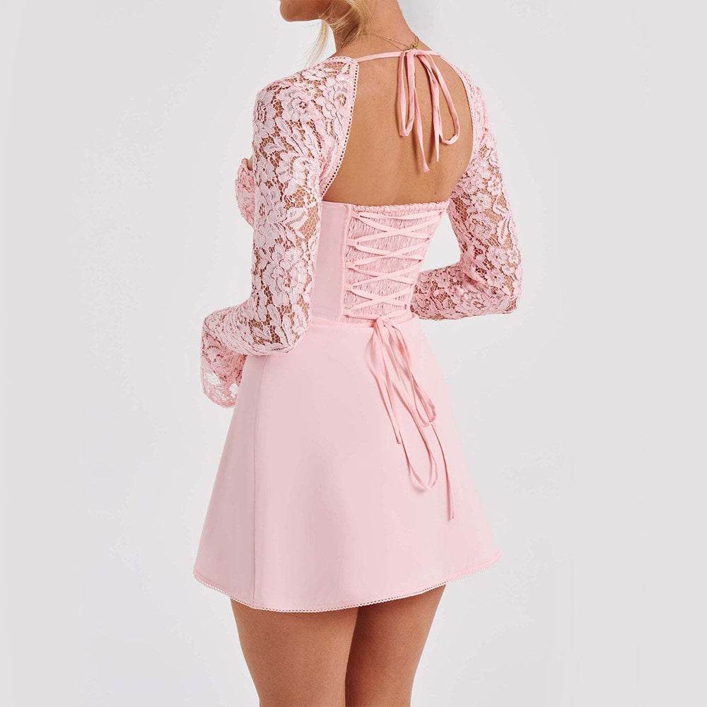 Fashion Corset Lace Long Sleeve Dress Sexy Y2K Backless Lace Up Short Dresses Womens Clothing - Velora