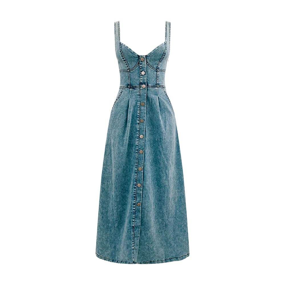 Women's sleeveless Denim Buckle Strap Midi maxi Dress - Velora