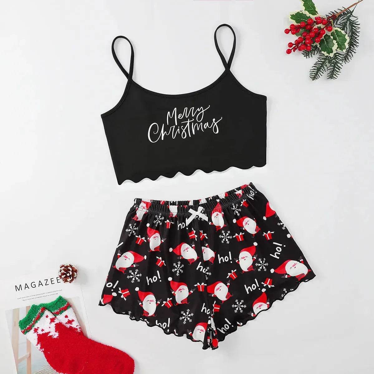 Christmas European And American Thin Pajamas Women's Sleeveless Shorts Milk Silk Simple Casual Two-piece Suit Homewear - Velora