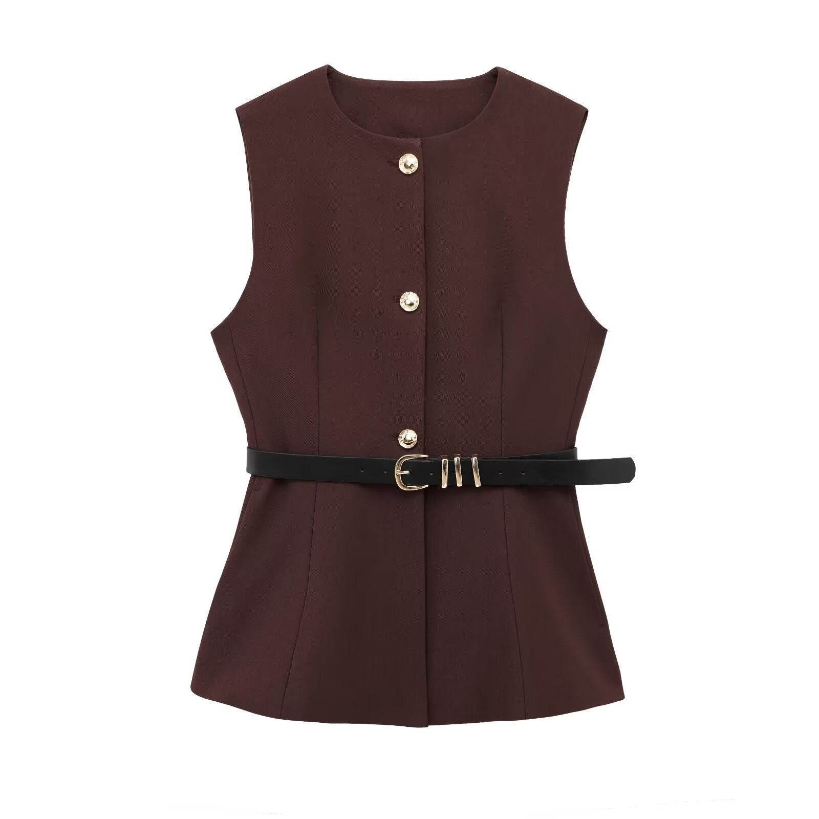 Belt Simple Sleeveless Shirt Bandage Dress Waist-tight Vest - Velora