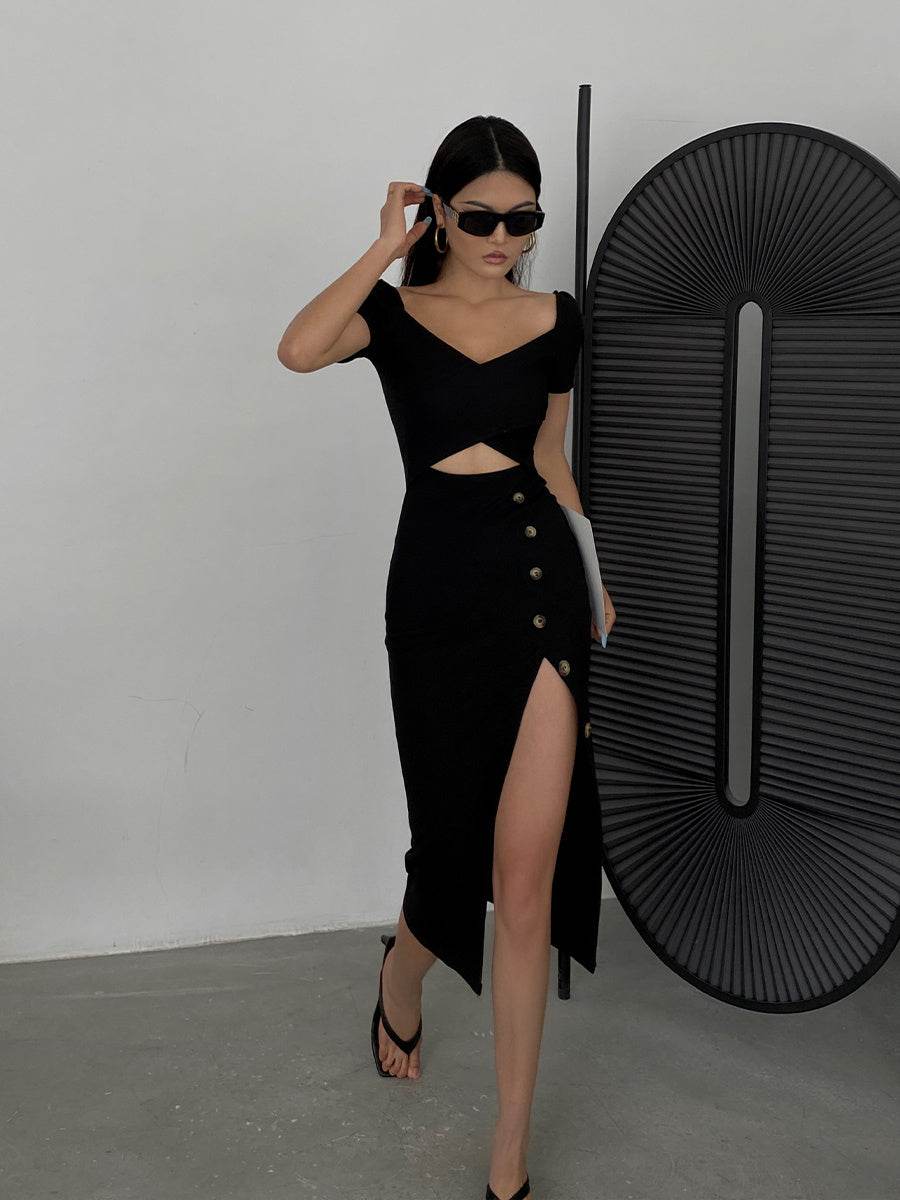 Slim And Hollow Niche Design High Slit Bag Hip Midi dress
