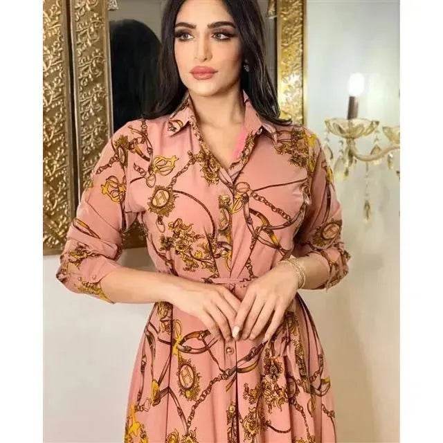 Dubai Long Dress Middle East Autumn Chain Print Swing Dress Turkish Floral Long Sleeve dress - Velora