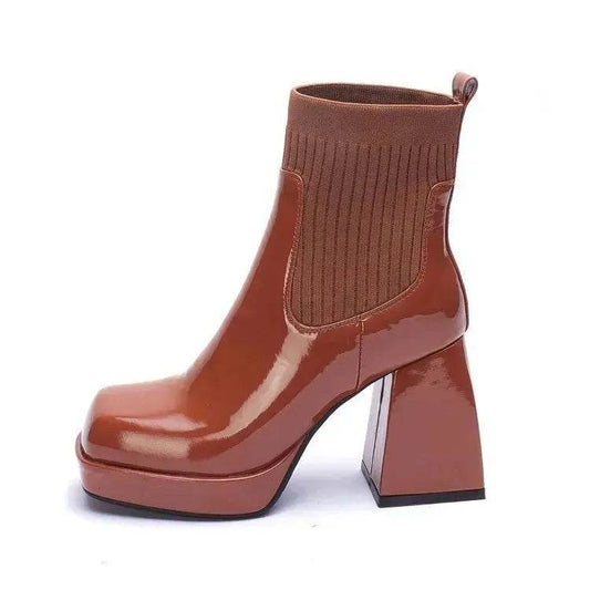Buy Women Platform Block heel Patent leather boot Woolen winter boot - Velora