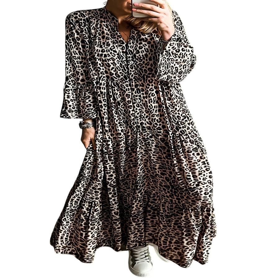 European And American Leopard Print Long Women's Clothing Printed Fashion Loose V-neck Buttons Dress