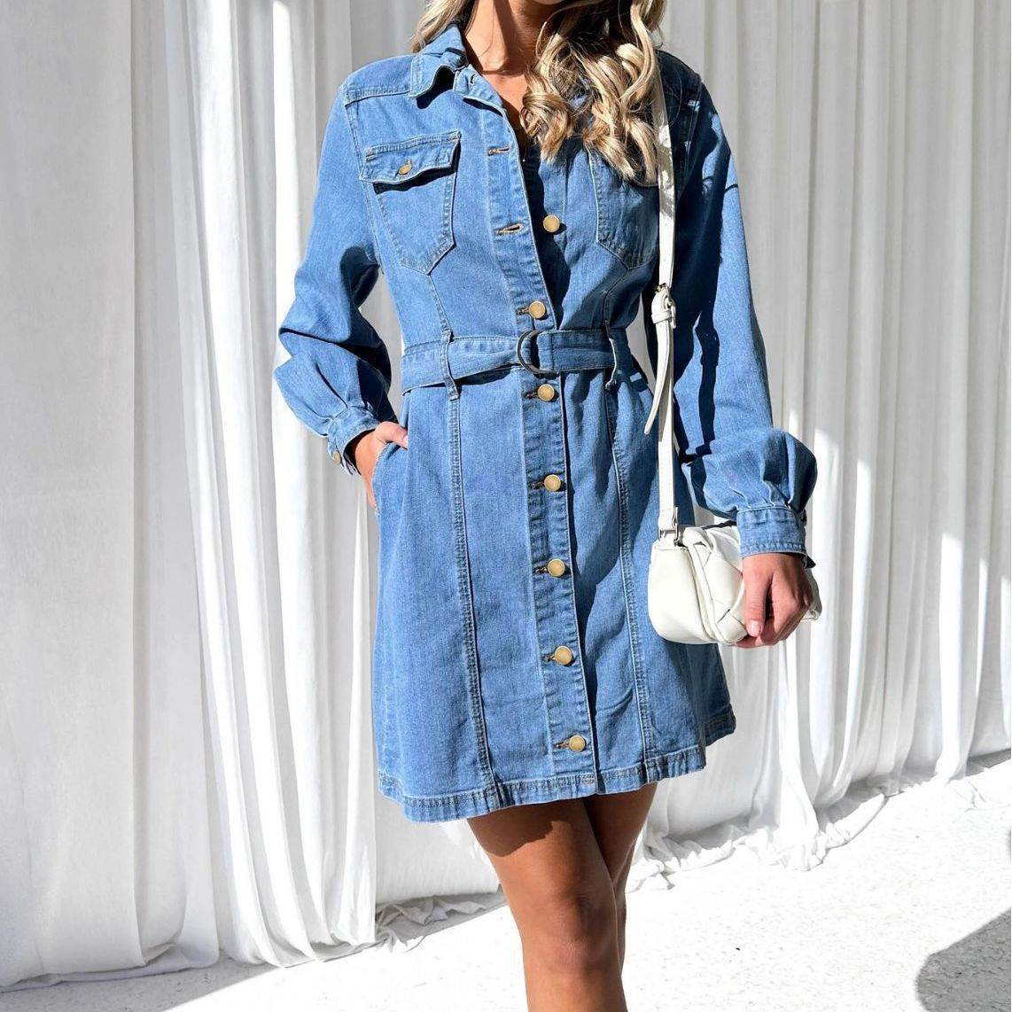 Fashion Casual Button Denim Dress Women - Velora