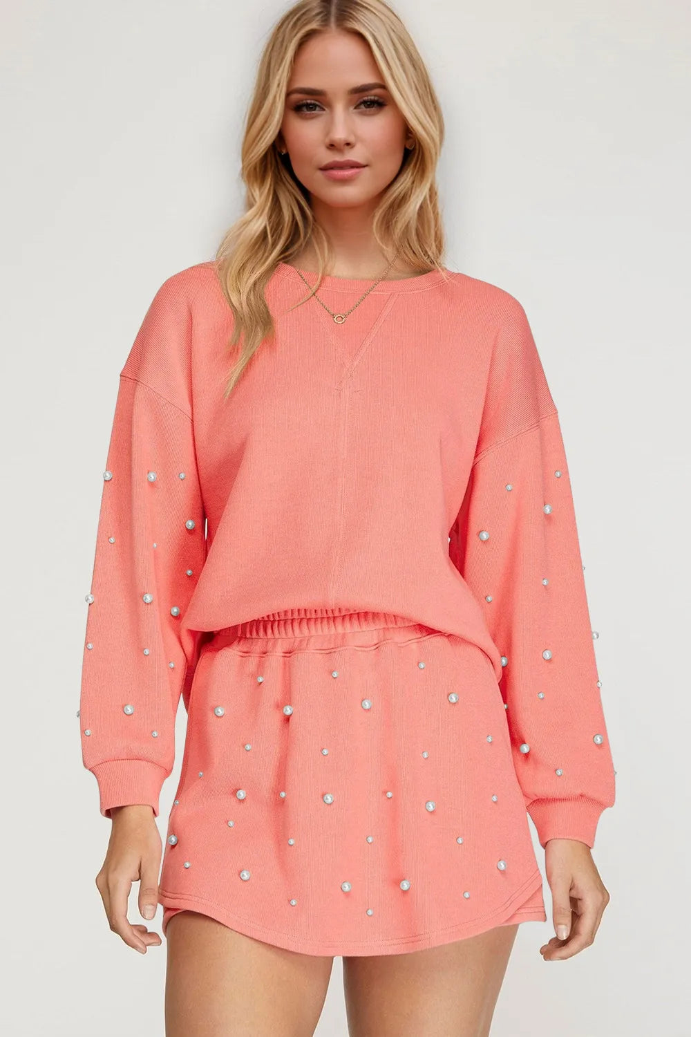 Oh Pearl Trim Round Neck Long Sleeve Top and Skirt Set - Velora