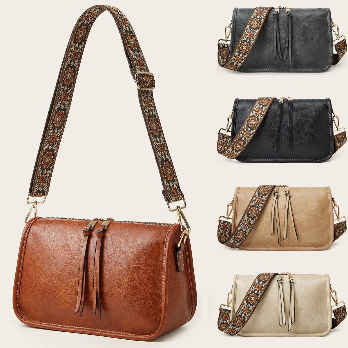 Women's Bohemian Wide Shoulder Strap Crossbody Retro Solid Color Tote - Velora