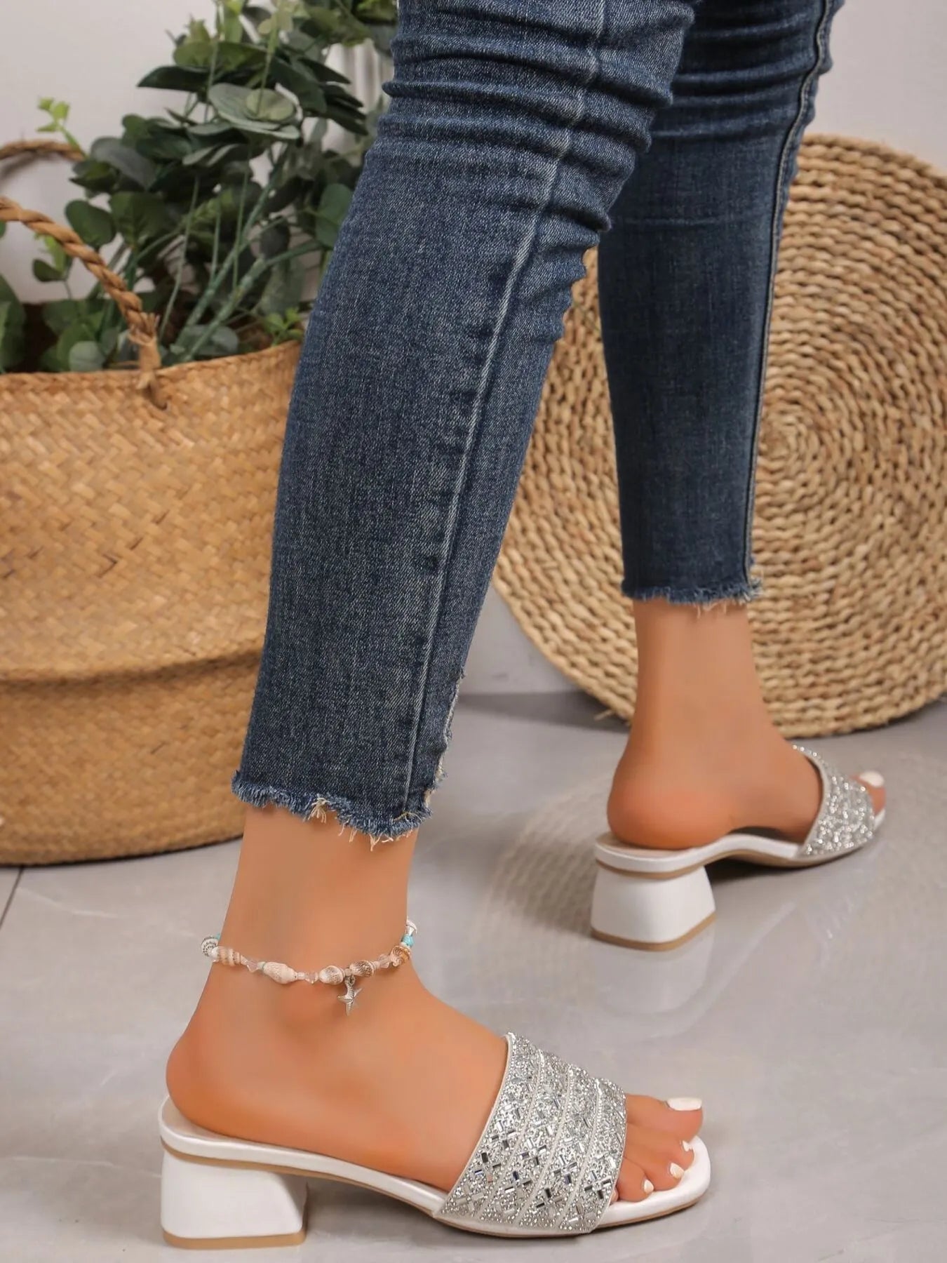 Rhinestone Open Toe Block Heels Sandals - Velora