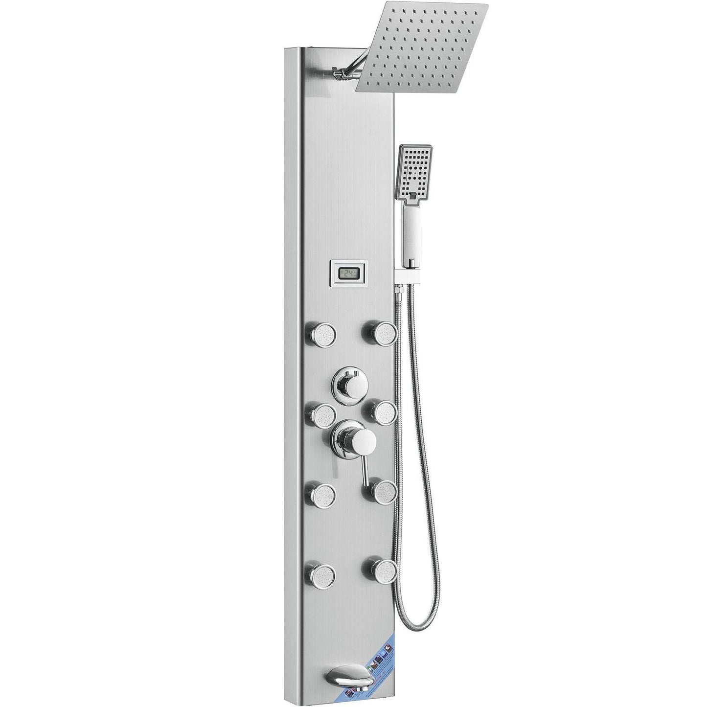 Shower Panel System, 5 Shower Modes, Digital Display Shower Panel Tower, Rainfall, 8 Massage Jets, Tub Spout, 3-Setting Handheld Shower Head 59 Hose, Stainless Steel Wall-Mounted Shower Set - Velora