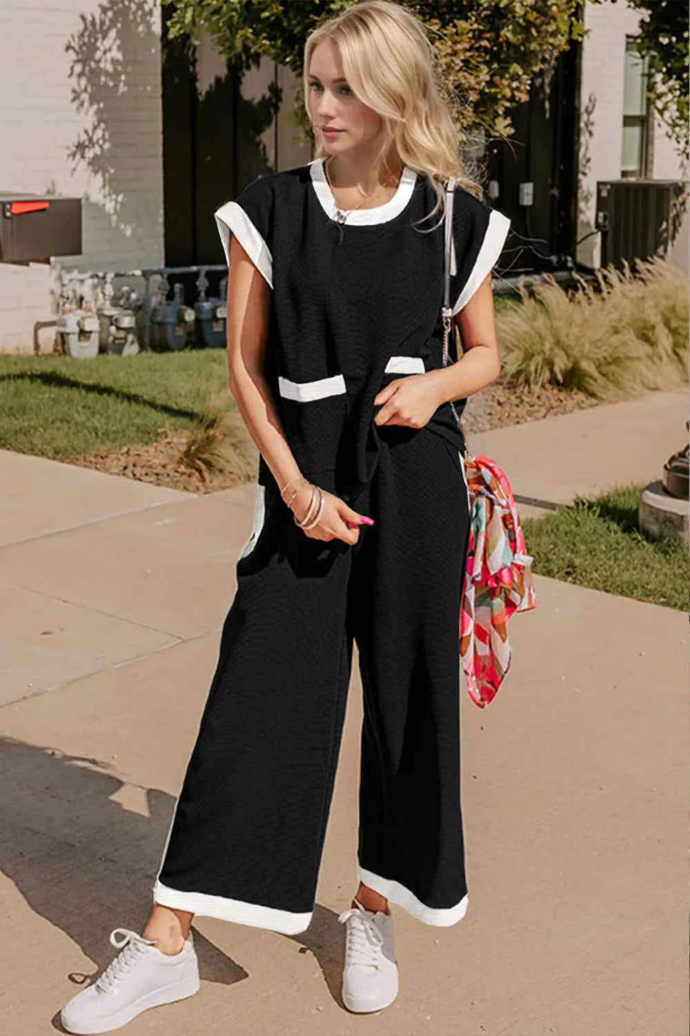 Oh Texture Contrast Trim Round Neck Cap Sleeve Top and Pants Set - Velora