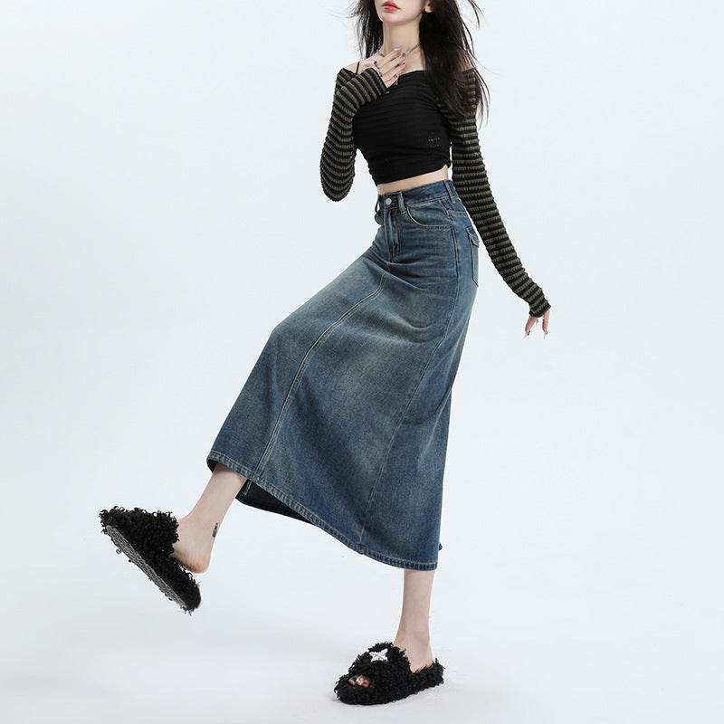 High Waisted Denim Skirt Long Cotton Solid Style - Velora