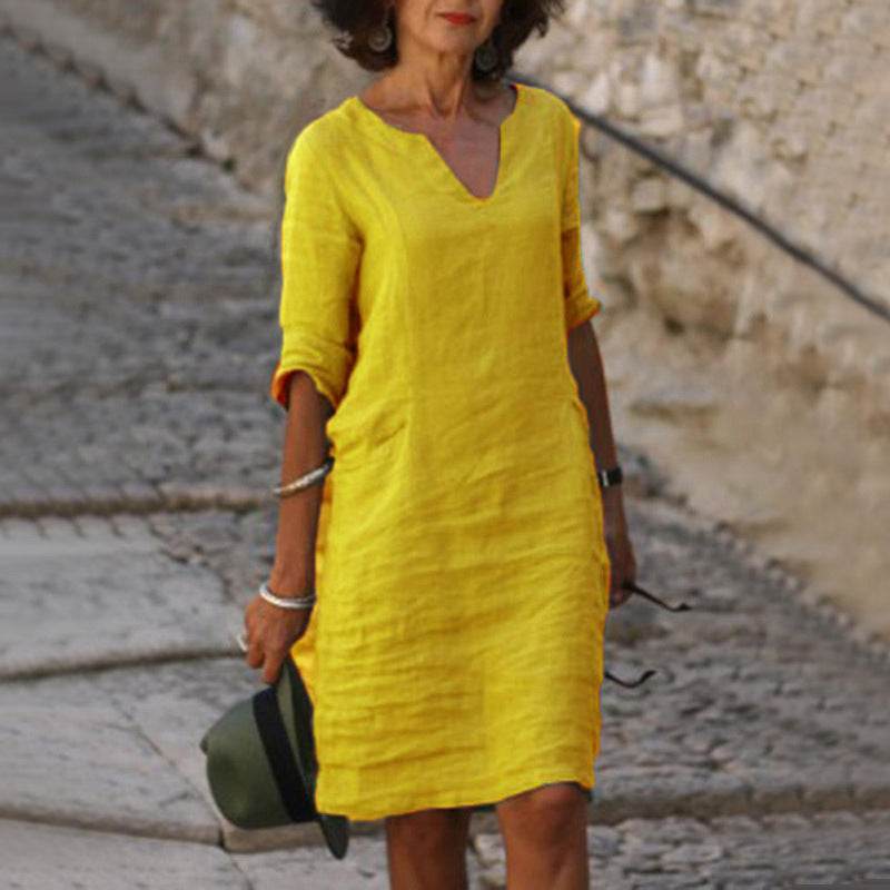Cotton And Linen V-neck Dress Summer Stitching Retro High Waist Pure Color Dresses - Velora